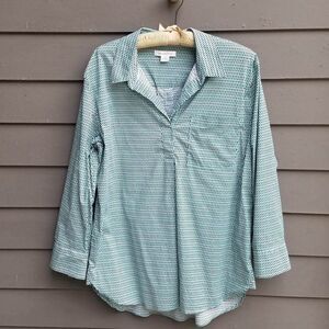 Liz Claiborne Black Blue White Partial button Down Blouse Size XL